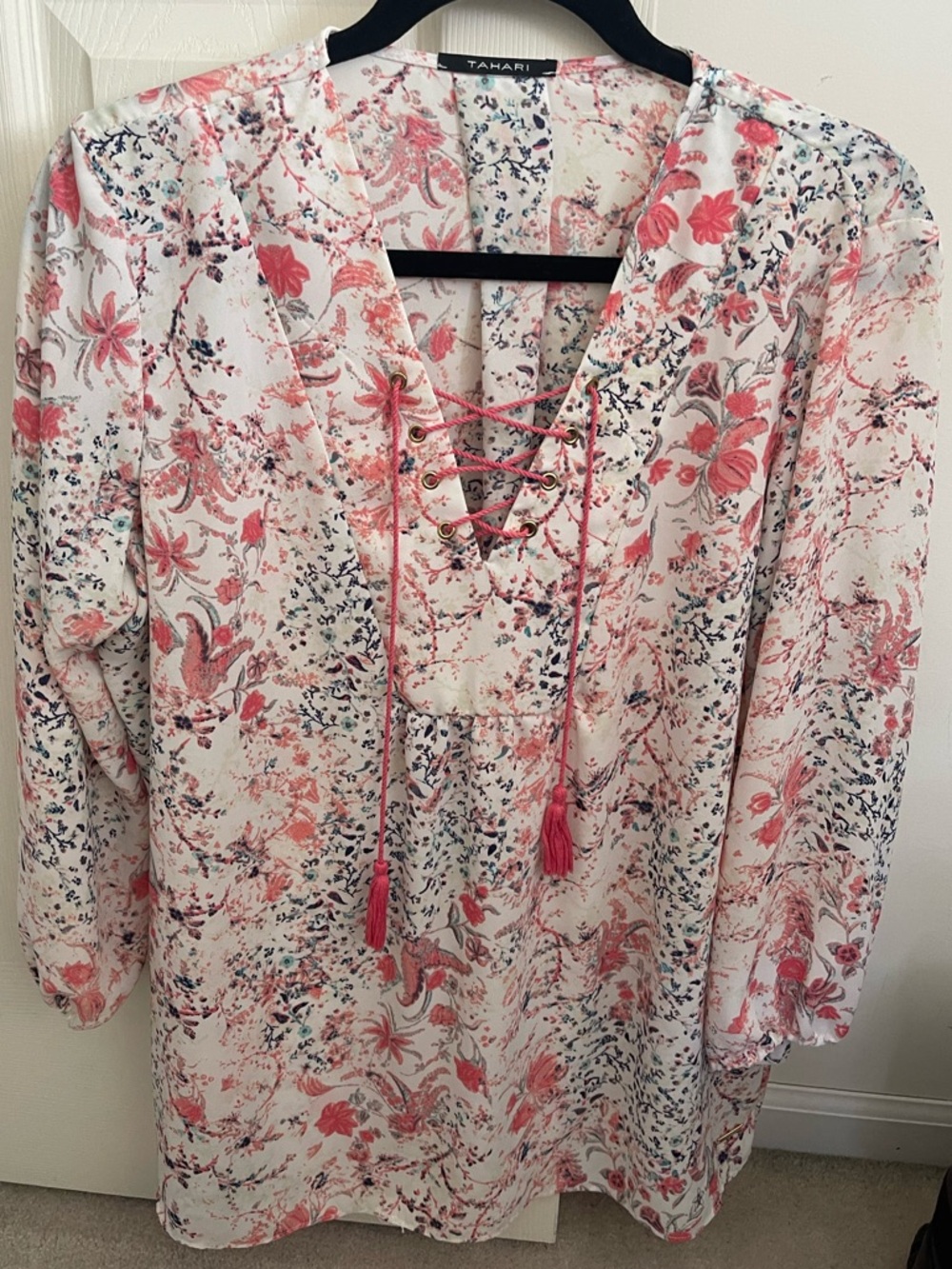 Tahari Pink Floral Lace-Up Tunic Business Casual Workwear Flowy Sz L